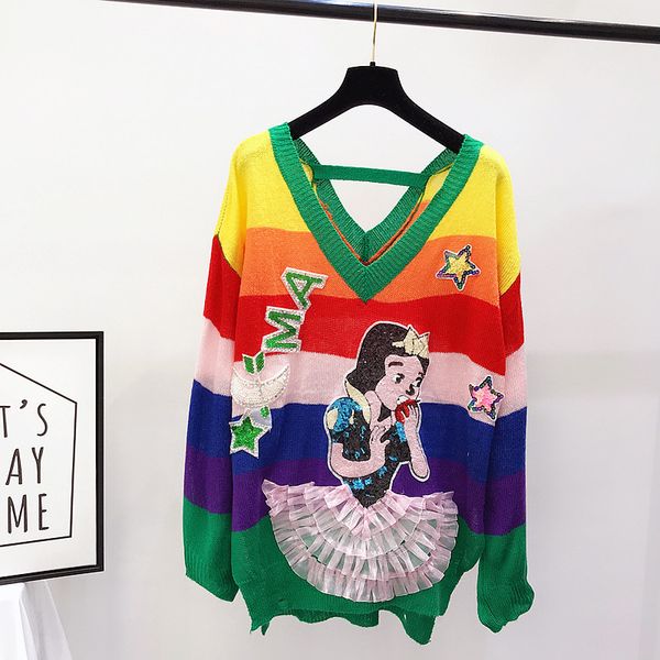 

2018 autumn new arrive knitted colorful stripe cartoon sequins long sleeve loose sweater, women stripe loose pullovers, White;black