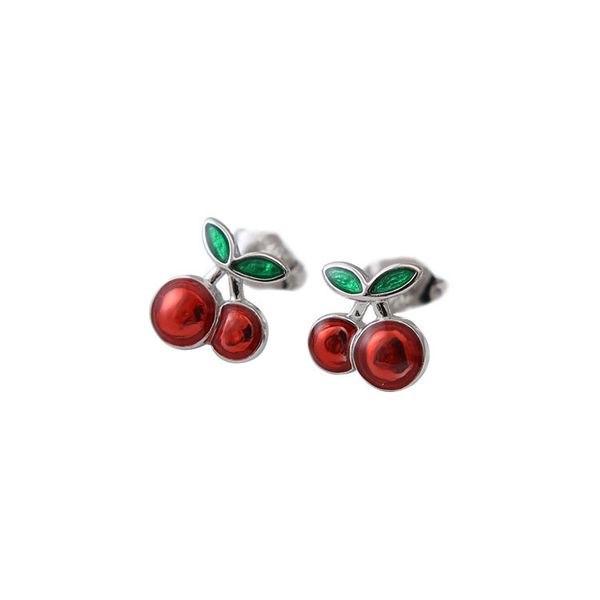 

red enamel cherry 925 sterling silver stud earrings, Golden;silver
