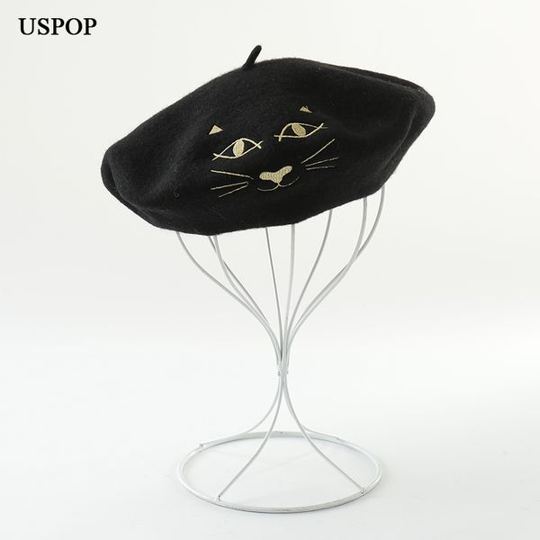 

uspop 2018 winter hat women thick warm 100% wool berets female cute cat embroidery beret autumn casual woolenberets, Blue;gray