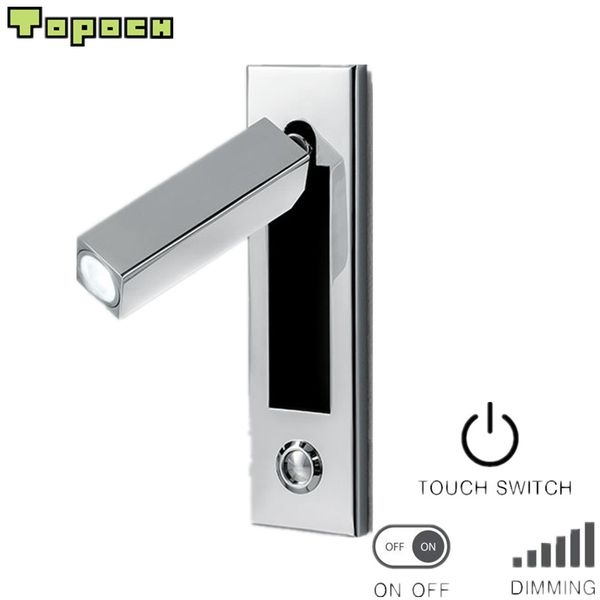 Topoch Lamp wall LED 3W Touch Dimmer Switch Lucidato Panco di testa cromata in base ad angolo di illuminazione di base Lente di messa a fuoco regolabile AC100-240V DC12V per barca RV