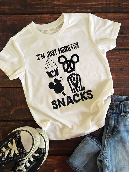 

i' just here for the snacks short sleeve t-shirt trendy popular casual tee cotton mouse family gray o-neck shirt camisetas, White