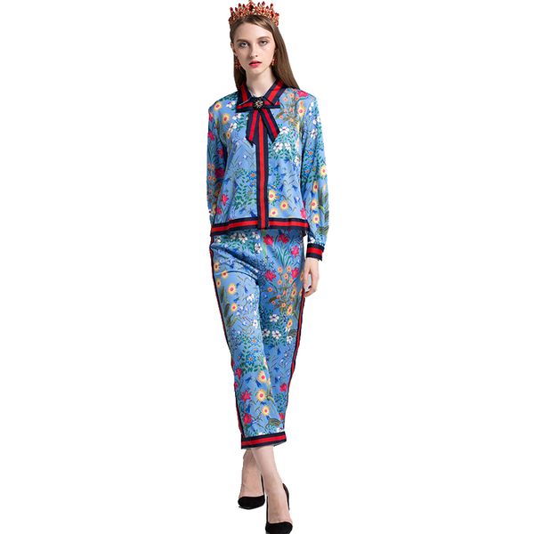 

fashion women runway plus size 4xl 2 pieces pants set bow blouse ankle -length trousers flower printed bohemian tracksuits, Gray