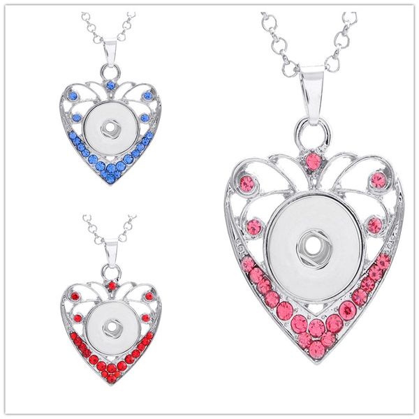 

noosa chunks ginger snap button jewelry heart love rhinestone crystal 18mm snap button necklace with stainless steel chain necklace, Silver