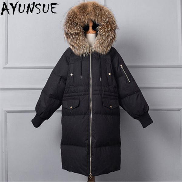 

winter jacket women duck down coat 2018 warm natural raccoon fur collar overcoat female long hoody parka mujer abrogo lx2521, Black