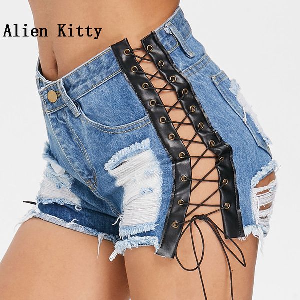 

alien kitty new shorts women short jeans women's mid waist skinny summer denim shorts with rope club party bar clothing, White;black