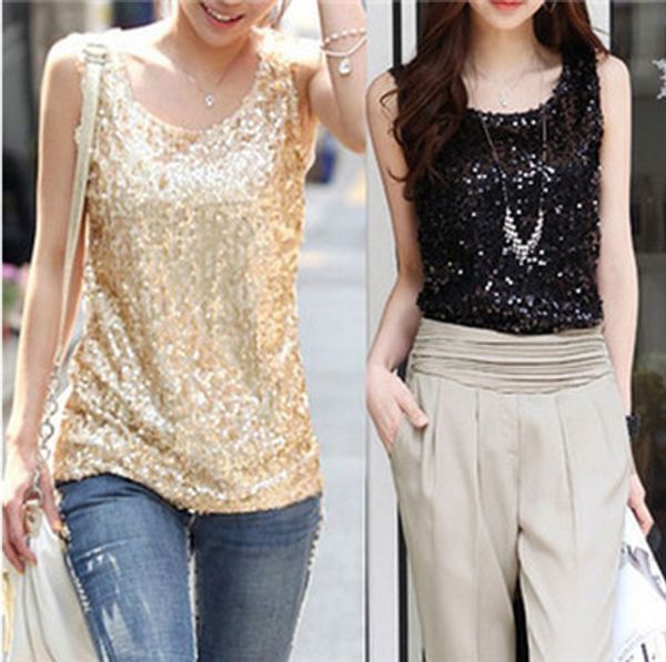 

New Summer Lady Plus Size Shirt Shining Vest Bling Sequin Tank Top Women Sleeveless Tops Basic T shirts Casual Camisole, Black