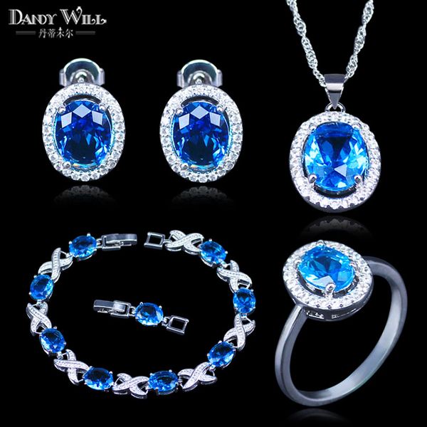 

fashion dubai simple style 925 silver color jewelry fashion light blue cz crystal bracelet necklace earring ring set for women, Slivery;golden