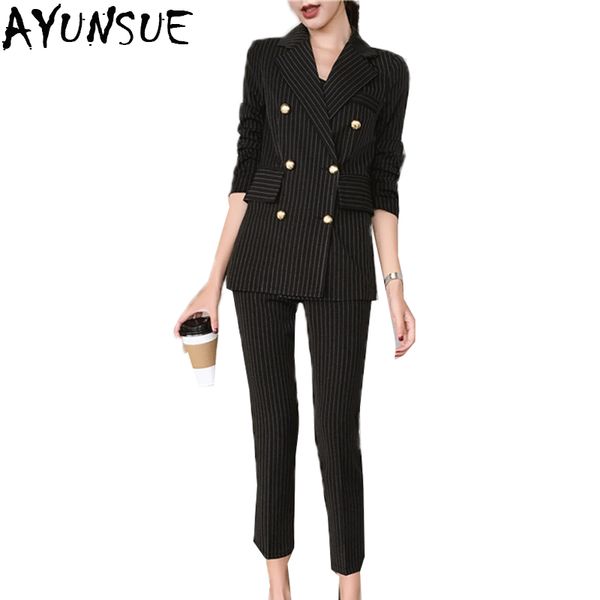 

ayunsue new 2018 autumn double breasted blazer women slim striped pant suits 2 piece set for women coats office outfit lx2144, White;black