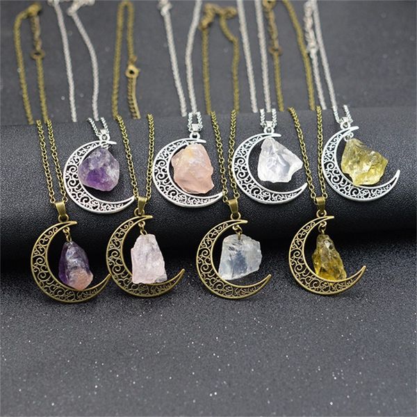 

new silver copper color vintage moon irregular natural stone pendant necklaces for women simple design statement chain necklace