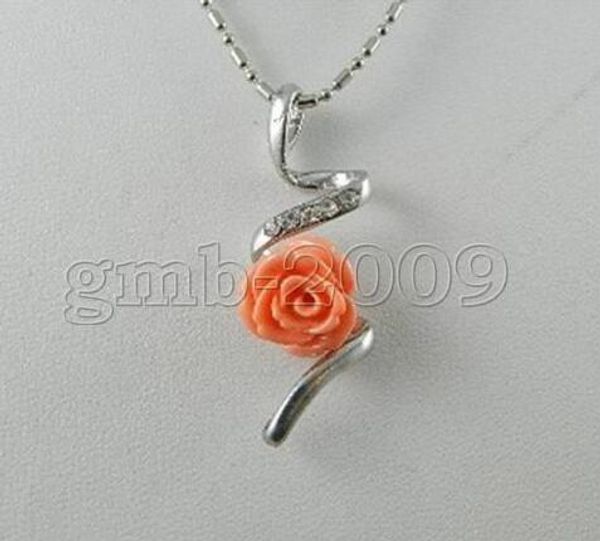 

12mm coral pink red carved rose flower rhinestone pendant necklace, Silver