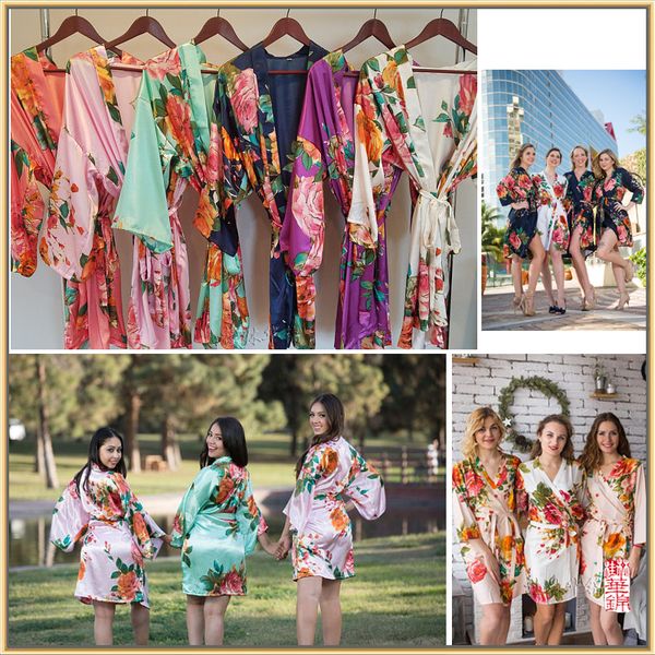 

women silk satin floral robe bridesmaid robes wedding bridal bridesmaid robes, Black;red