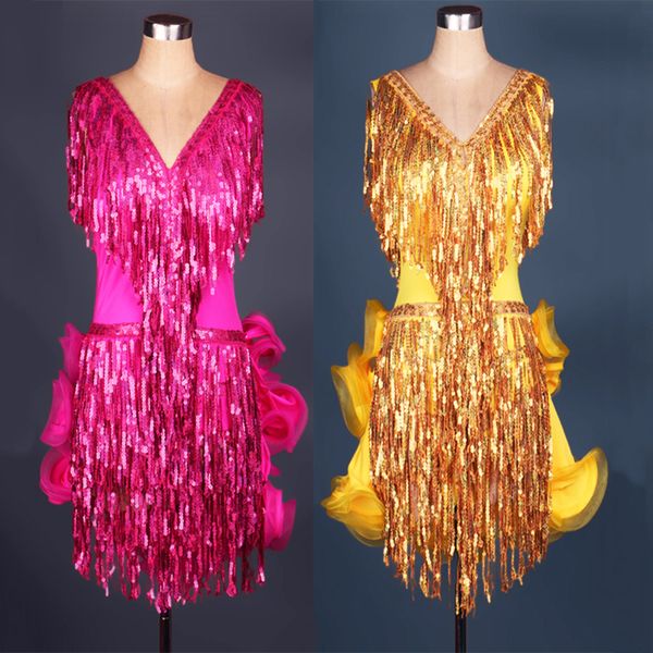 

sequins latin samba dance dress women girls prom dress salsa dance competition dresses tango ballroom d0213 fluffy sheer hem tassels, Black;red
