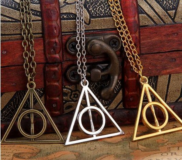 

whole salexl418 deathly hallows charms pendant geometric triangles necklaces long chain for men and women, Silver