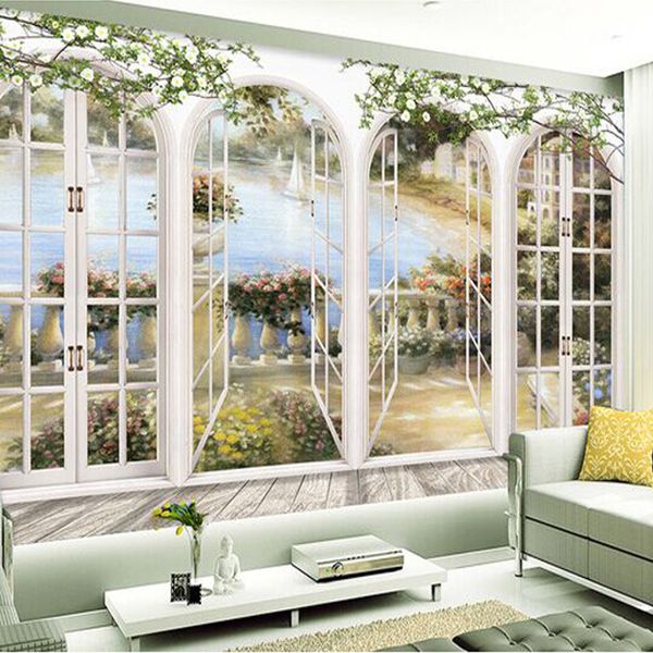 

custom 3d stereo window views garden pool p wallpaper living room bedding room landscape wall decor embossed paper wallpaper