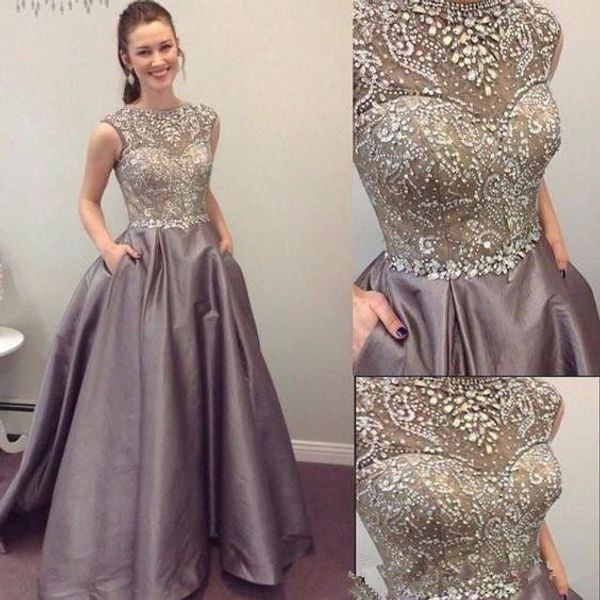 

new luxury crystals beading formal prom party dresses with pocket design 2018 high neck sleeveless satin dress evening wear, Black