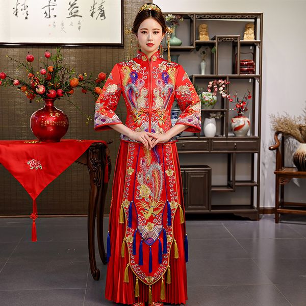 

traditional wedding chinese cheongsam woman women phoenix embroidery dress modern qipao dresses sobretudo feminino abiye, Red