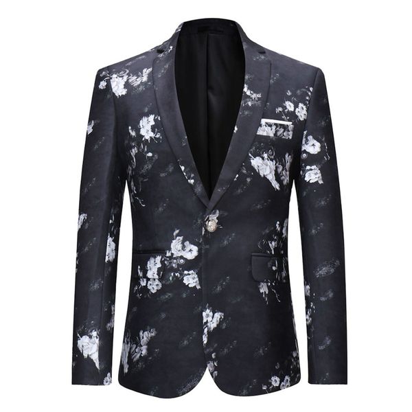 

yffushi 2018 floral men suit jacket spring one button white flower print black blazer casual style slim fit fashion, White;black