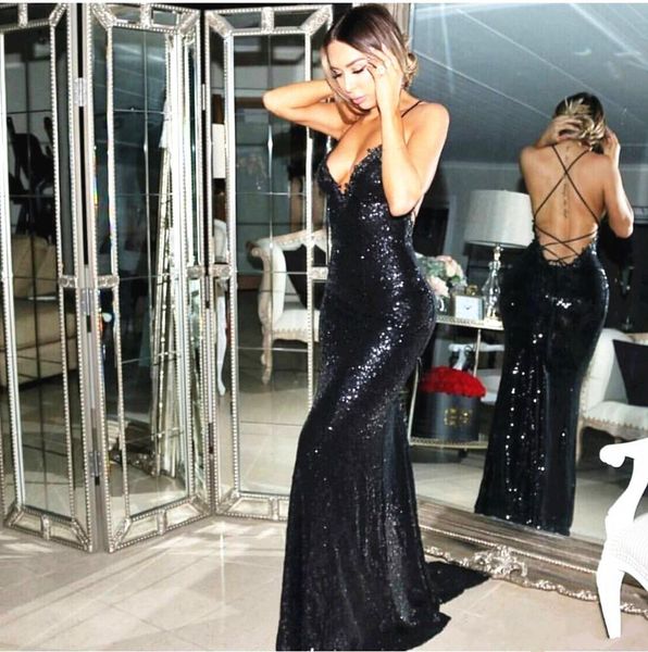 

sparkly black sequined prom dresses spaghetti backless mermaid evening gowns formal party dress
