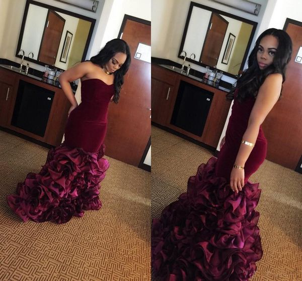 

2018 New Burgundy Long Mermaid Prom Dresses Rose Floral Flowers Tiered Sweetheart Velvet Plus Size Formal Party Gowns Evening Dress Vestios