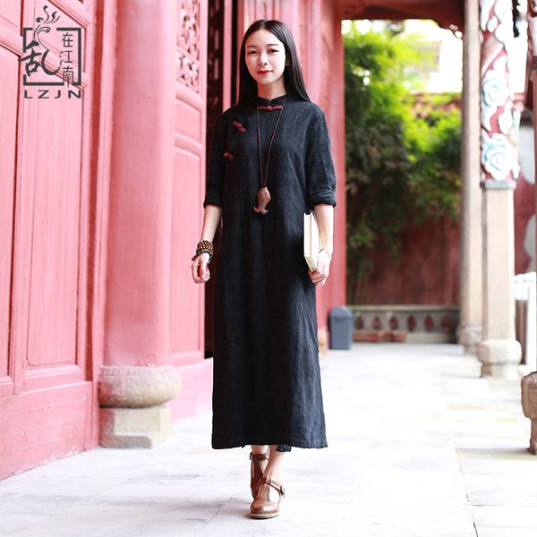 

lzjn original design black women dress jacquard cotton cheongsam side slit chinese dress qipao long sleeve vintage robe 1122, Red