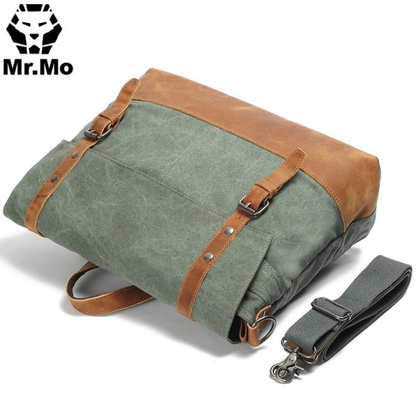 

classical vintage retro men canvas briefcase real crazy horse leather men's shoulder messenger crossbody pack bag