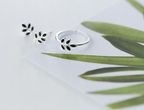 

wholesale 100% real. 925 sterling silver jewelry black /green enamel branch leaf earrings ring set jewelry gtle1420