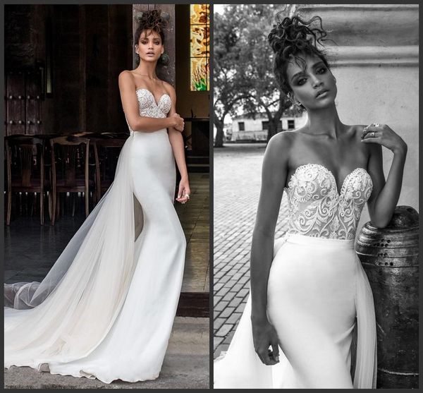 

amazing mermaid wedding dresses with detachable train sweetheart appliques beading satin bridal wear chapel train tulle wedding gown, White
