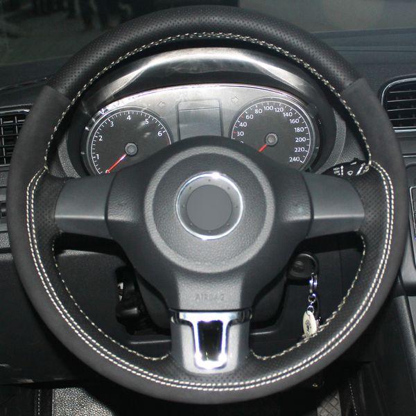 

black genuine leather suede car steering wheel cover for volkswagen golf 6 mk6 vw polo sagitar bora santana jetta mk6 mk5