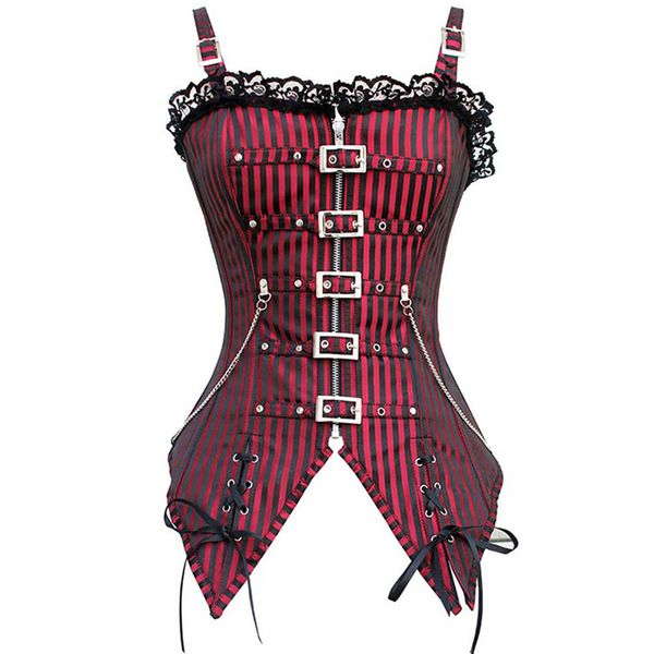 

women bustier retro lace corset steampunk gothic corselet with strap long rivet chains stripe for party shows, Black;white