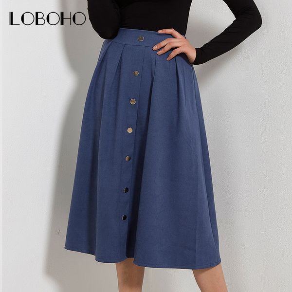 

high waist skirt autumn winter 2017 new arrival fashion suede leather long skirt pleated single buttons casual midi skirts women, Black