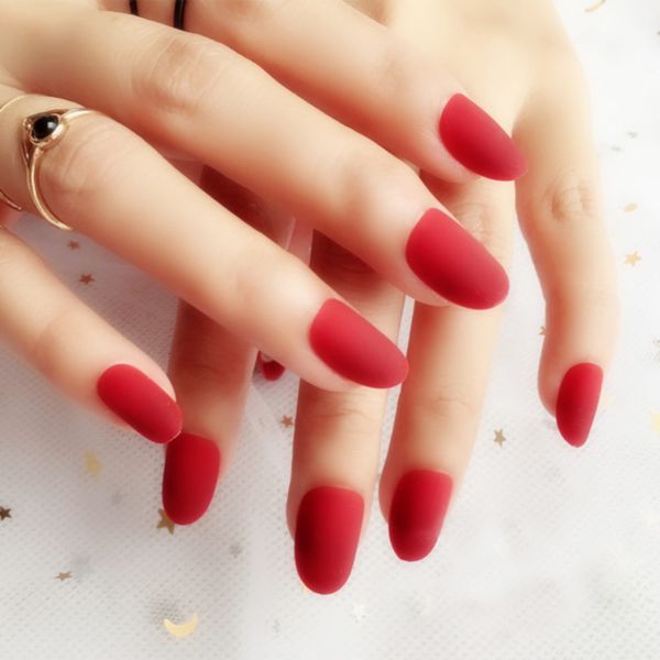 

24pcs/set matte oval press on false nails short round head artificial nails full cover frosted french fake nail art tips, Red;gold