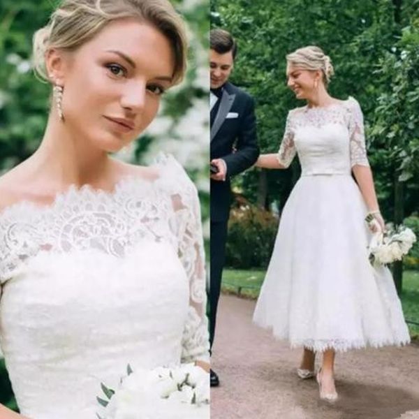 

2019 неофициальные линии свадебных платьев чая длина иллюзии bateau neck half sleeves country style garden wedding party bridal gowns with s, White