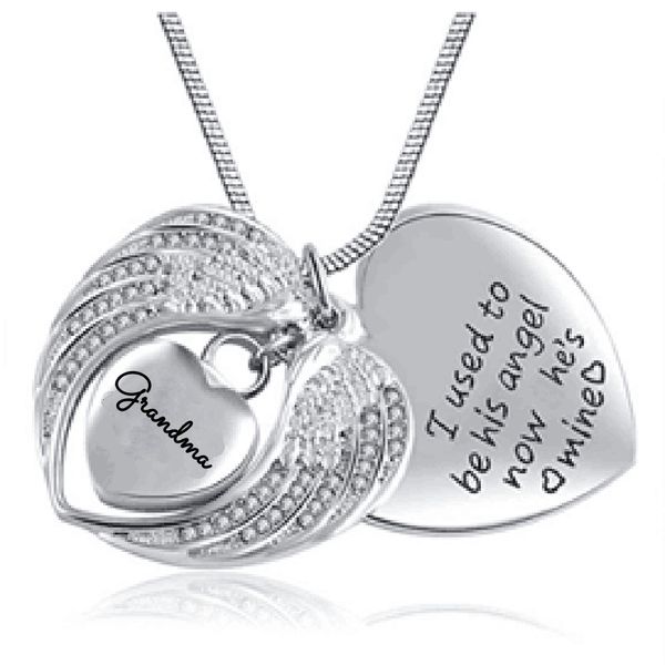 

wholesale necklace pendant angel wings heart-shaped grandma engraved perfume bottle ashes box cremation funeral ashes jewelry accessories., Silver