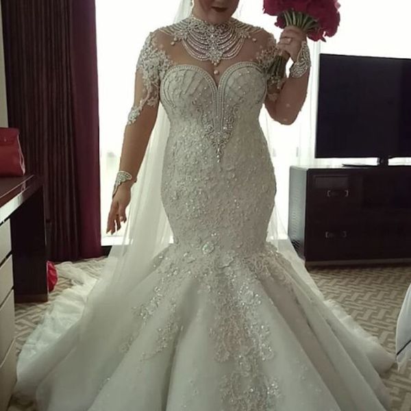 

luxury plus size wedding gown fashion beads crystal high neck lace appliques wedding dress stunning mermaid long sleeves tulle wedding dress, White
