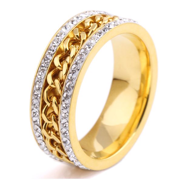 

2 row crystal jewelry wholesale gold color stainless steel chain wedding rings for women, Golden;silver