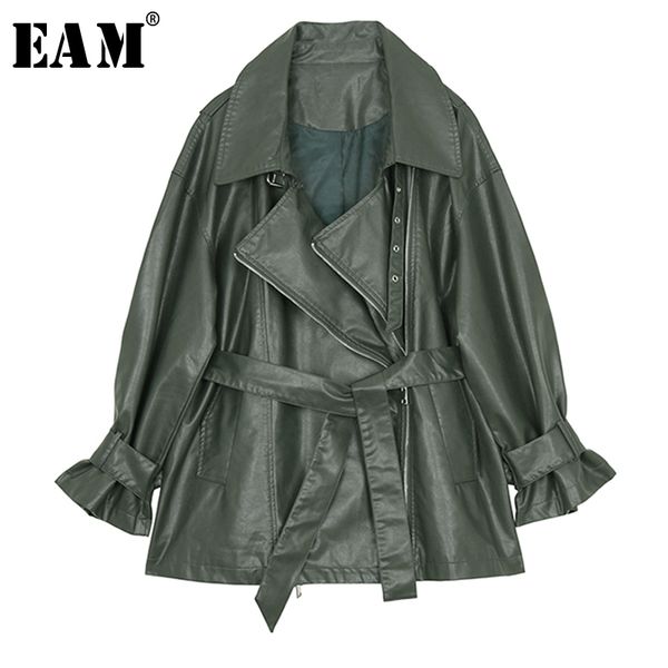 

eam] 2018 new autumn winter lapel long sleeve green pu leather loose bandage large size jacket women coat fashion tide ji751, Black;brown