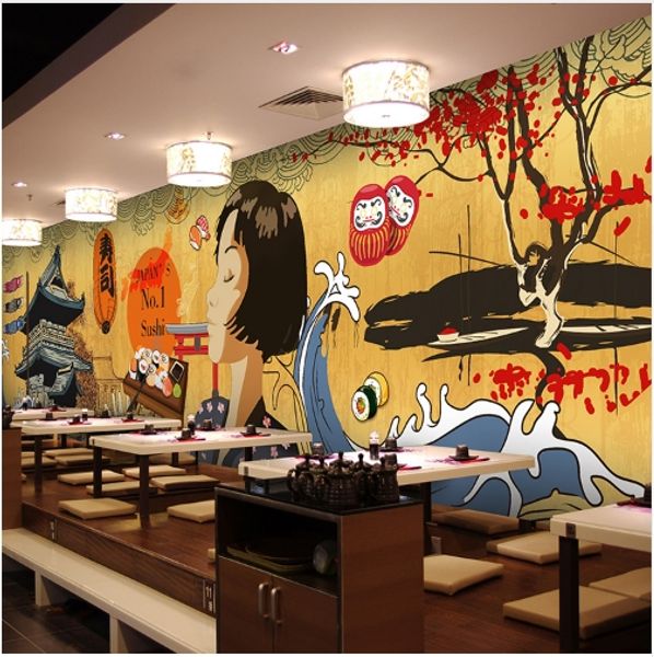 Foto di formato personalizzato giapponese carta da parati personaggio dei cartoni animati ristorante in stile giapponese retrò edificio hot pot barbecue carta da parati murale