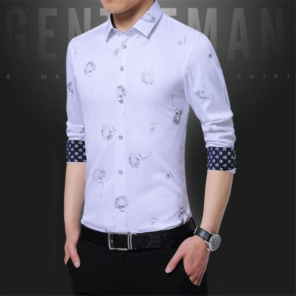 

long sleeve men's shirt 2018 spring new men slim fit shirts fashion print business casual shirt plus size camisacd50, White;black