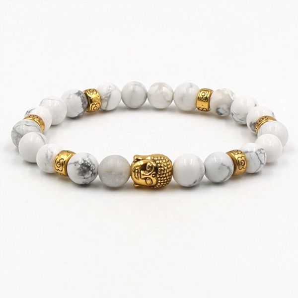 

шарик камень браслет 8 мм белый бирюза камень бусины браслет лев сова будда голова стрейч эластичный мужской браслет, Golden;silver