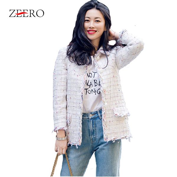 

new small fragrance tweed jacket coat runway women winter single-breasted white fringe plaid jacket woolen weave outerwear coats, Black;brown