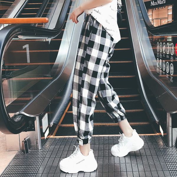 

women loose ankle-length pants plaid cargo pants drawstring girls plus size mid waist bodycon trousers fashion pantalon, Black;white