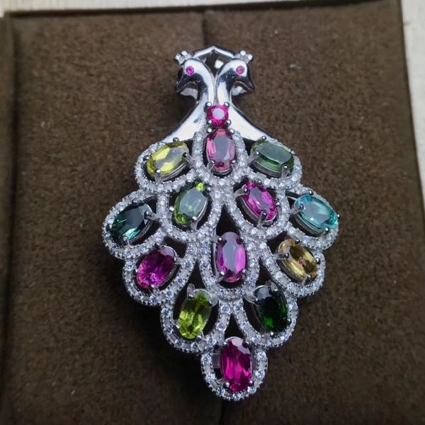 

natural multicolor tourmaline romantic double peacock pendant natural gemstone pendant necklace s925 silver girl party jewelry