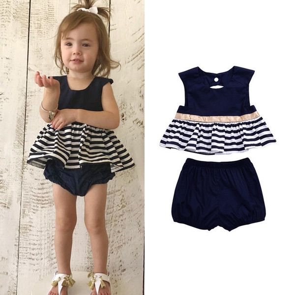 

fashion newborn baby girl clothes navy blue dress backless striped pants outfit 2pcs baby clothes set 0-24m kids clothing, White