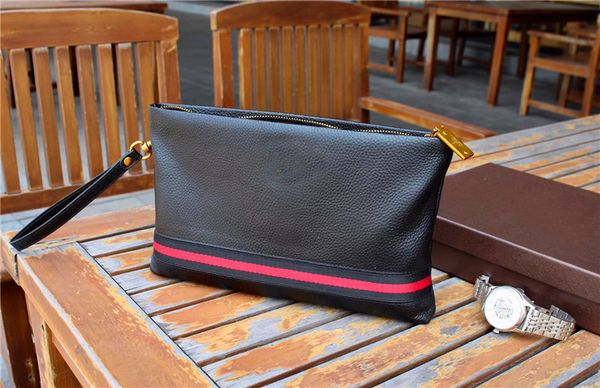 

new fashion designer men clutch bag italy lychee leather clutch k6115 zipper black square leather wallet bronze accessories with box, Red;black
