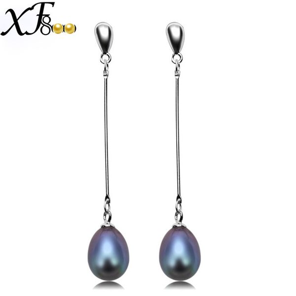 

xf800 natural pearl drop earring long real freshwater pearl black dangle earrings fine jewelry party gift for women [e1002, Golden;silver