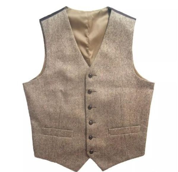 

2018 tweed vintage rustic wedding vest brown with leather effect buttons winter slim fit groom's wear plus size, Black;white
