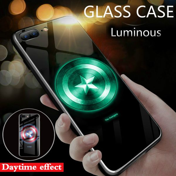 

Marvel avengers Captain America spiderman Luminous glass Case For iPhone 7 6 6s 8 Plus Cases Back Cover For iPhone X XS MAX 6 3D Hard case