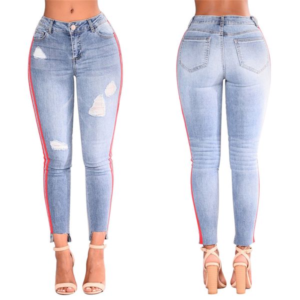 

Women Denim Pants Stretch Hole Blue Denim Jeans Irregular Pants Cuffs Stripes Ripped Skinny Trousers S-3XL
