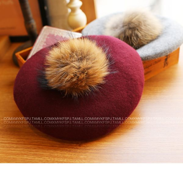 

r fur beret styling sweet type ball wool beret wool hat, Blue;gray