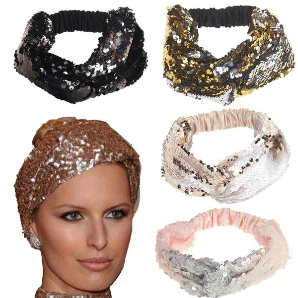 

women sequins fish scales headband shiny reversible turban elastic cross knot headbands for women hair accessories le126, Slivery;white